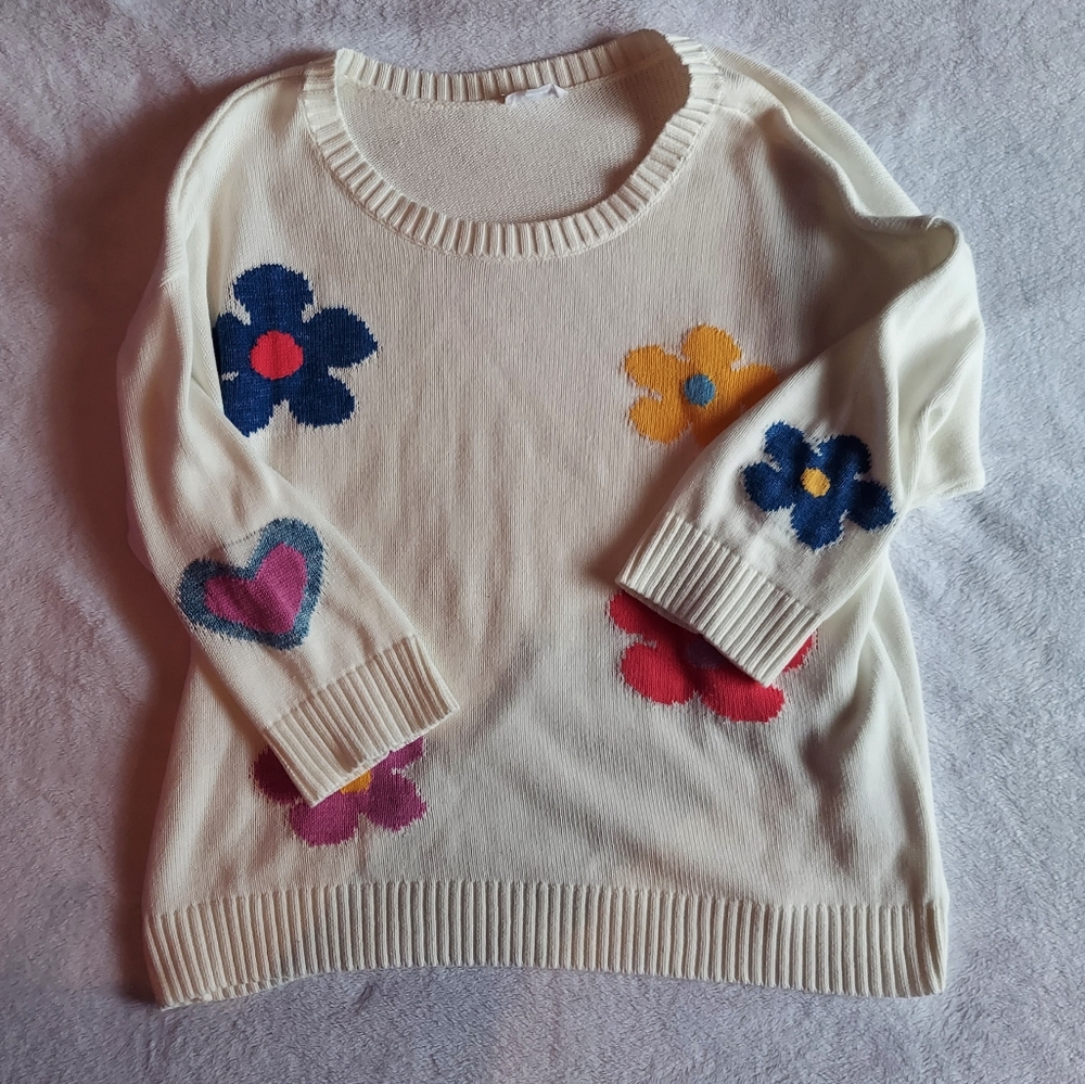 Tribal Cream and Blue Crew Neck Sweater with Floral Appliques